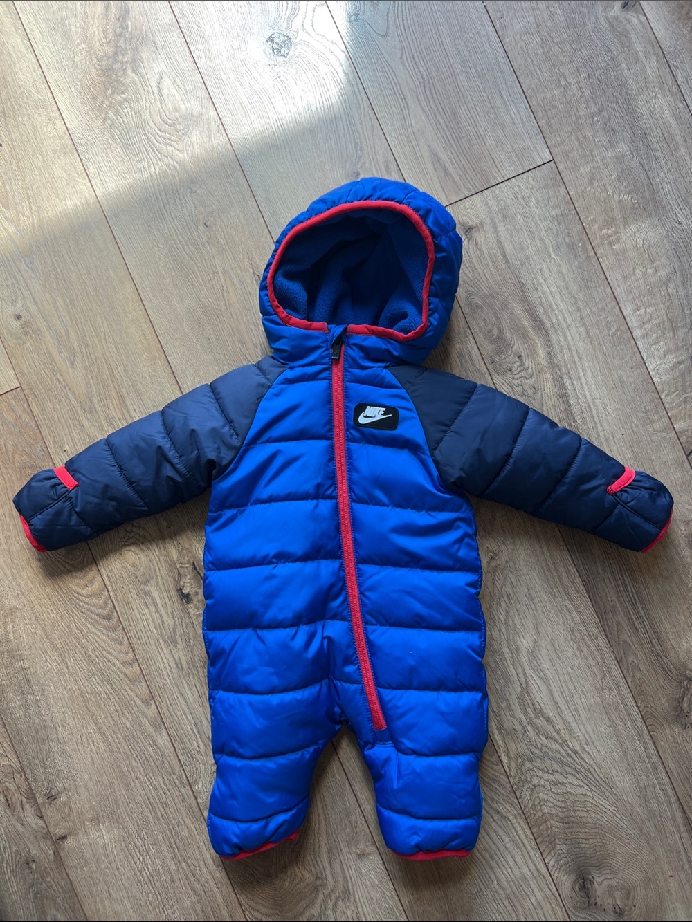 Nike Infant Puffer Snowsuit Blue Red Hooded Winter Coverall Size 3 Months